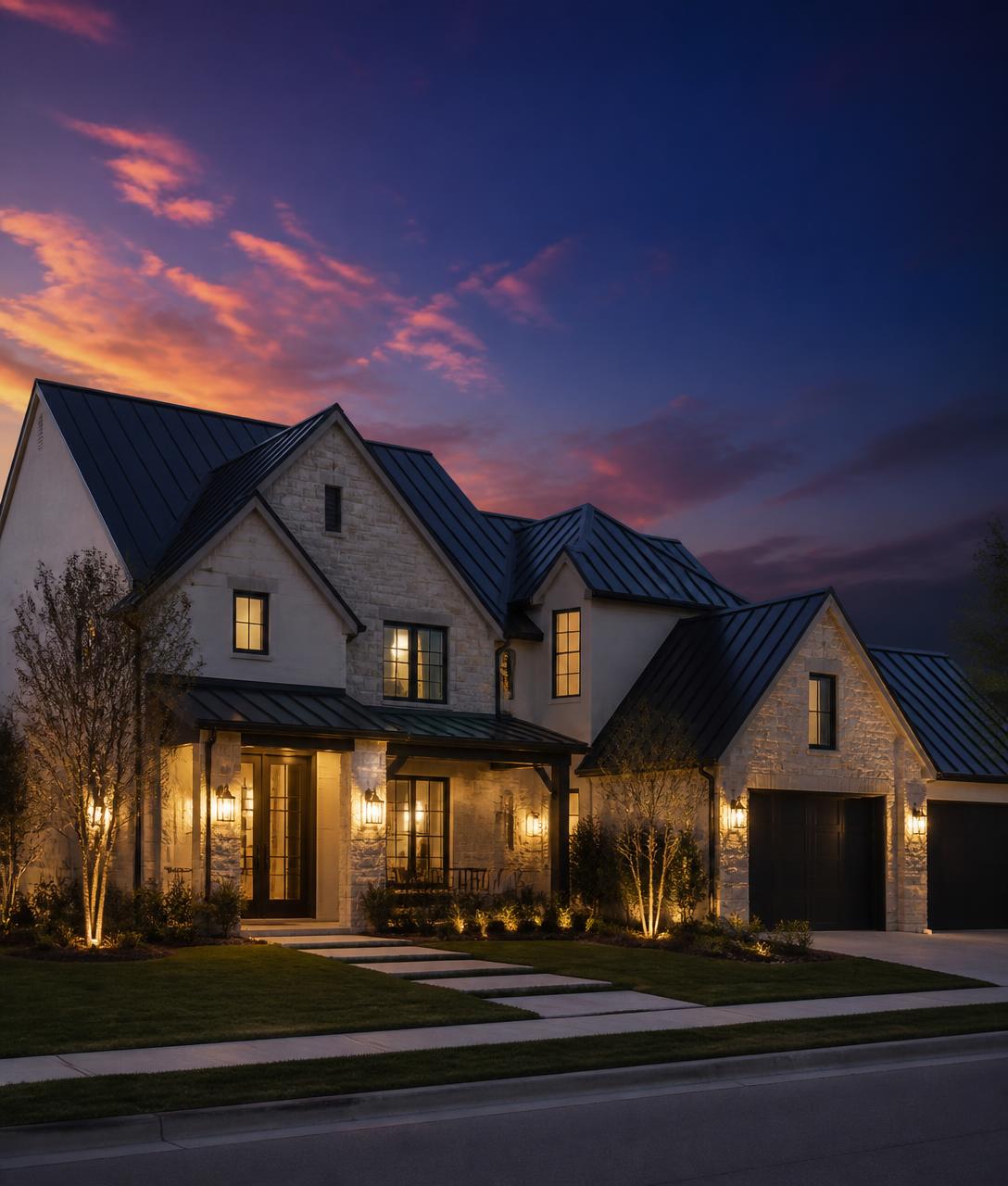 Modern Frisco home with a dark standing-seam metal roof at dusk